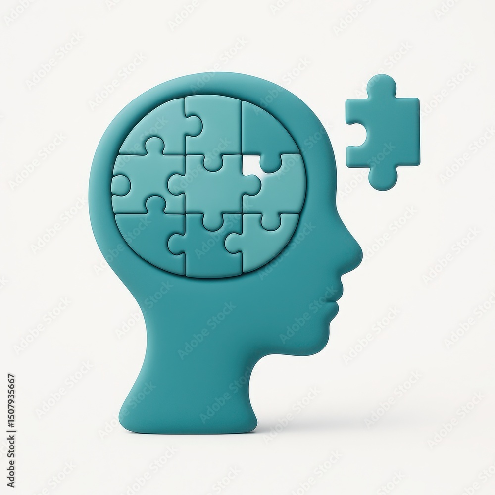 Teal 3D Puzzle Piece Inside Head Profile, Problem Solving Concept Teal 3D Puzzle Piece Inside Head Profile, Problem Solving Concept