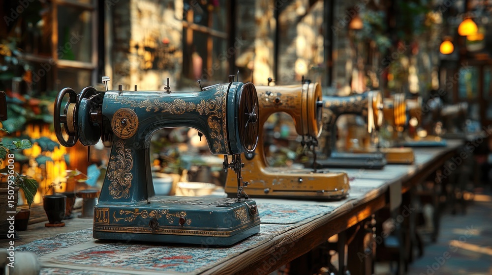 Fototapeta premium Vintage Sewing Machines in a Rustic Setting