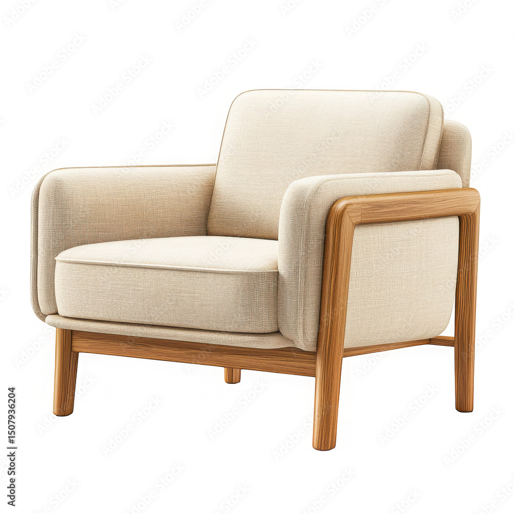 Beige fabric armchair with wooden frame isolated on transparent background Beige fabric armchair with wooden frame isolated on transparent background
