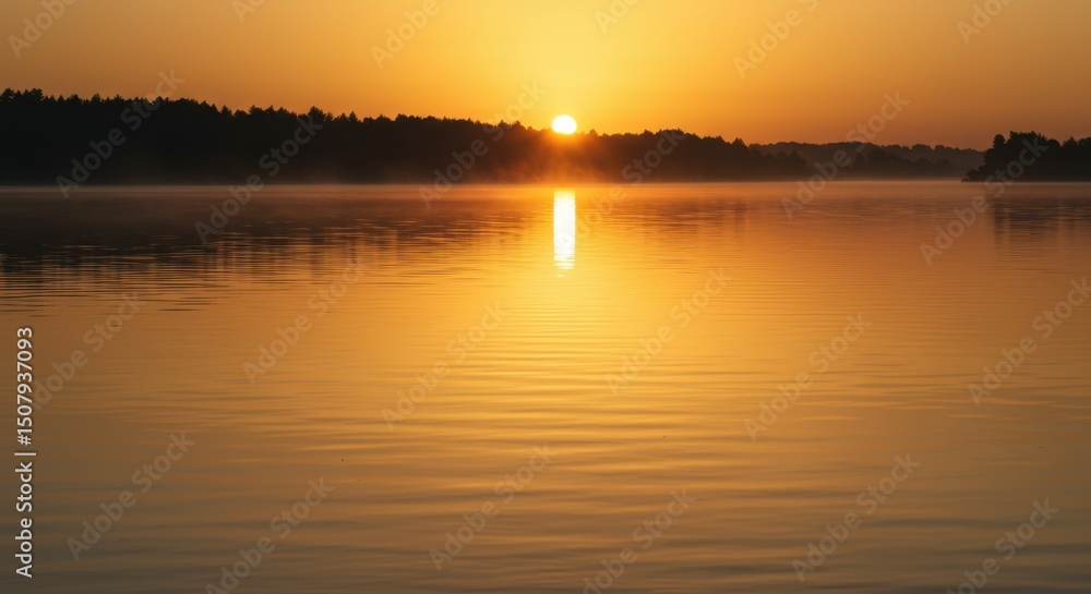Obraz premium 湖面に反射する日の出の太陽光