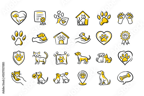 Pet Care Icons Set – Hand Drawn Dog, Cat & Paw Vector Illustrations

