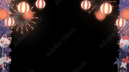 Animated Japanese Summer Festival Frame with Fireworks,Loop,Alpha Channel