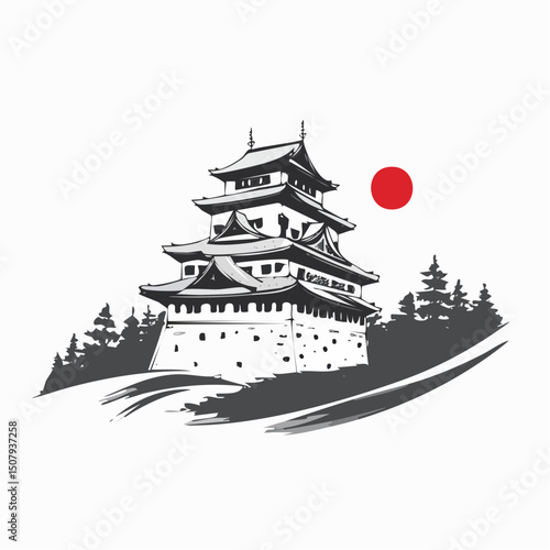 墨絵風の姫路城を描いたベクター素材