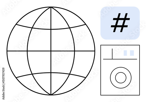 Globe with gridlines, large metadata tag, and device panel with circular control. Ideal for technology, global reach, digital media, communication, innovation, user interface simple landing page