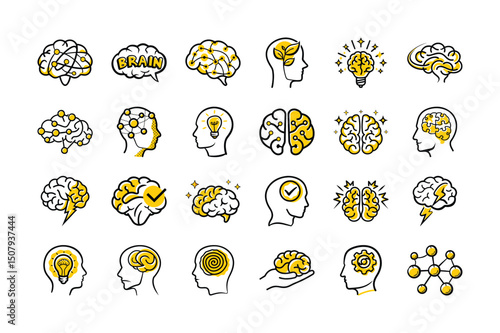 Brain & Mind Icons Set – Hand Drawn Vector for Intelligence, Ideas, AI & Psychology

