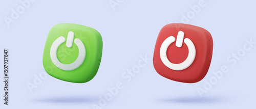 3d power start button icon isolated on white background. web push-button power on and off, correct, tick, problem, fail on application. 3d emergency switch icon vector with shadow render illustration