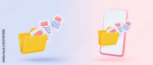 3d file transfer of document in folder, file transfer encrypted form, connection docs information migration concept. Access to remote file and folder. 3d document exchange vector render Illustration