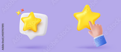 3d yellow stars glossy color icon for rating on pastel background. Customer rating feedback from client about employee of UI mobile concept. 3d star quality icon vector with shadow render illustration
