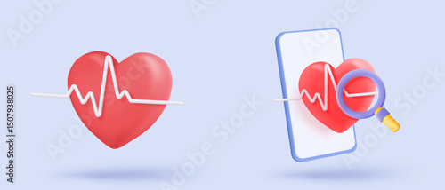3d red heart with white pulse line icon signs. heartbeat or cardiogram for healthy lifestyle, cardiac assistance, medical healthcare, pulse beat measure. 3d beat rhythm vector icon render illustration