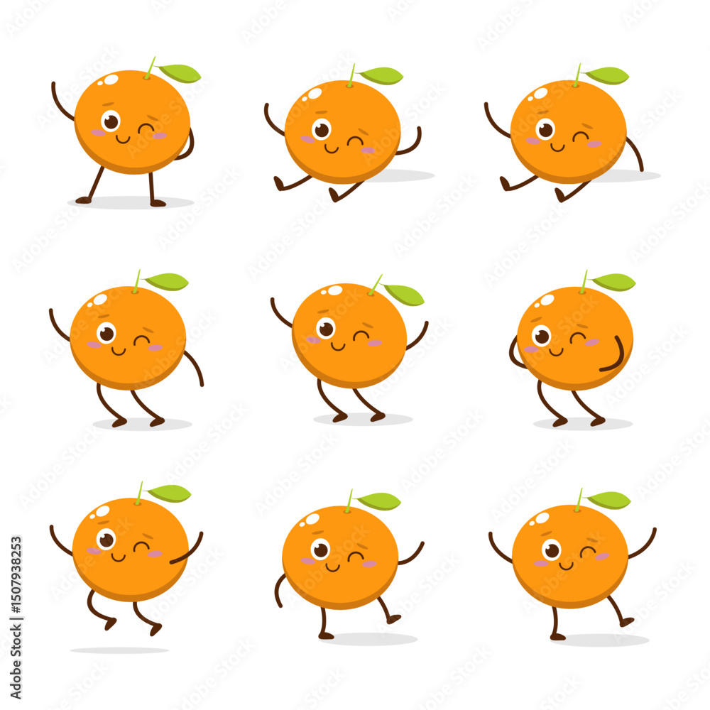 Fototapeta premium Cute Smiling Orange Character. Kawaii Orange Fruit Mascot Style Vector. Cute vector character set in various action emotions. Collection symbols isolated on a white background