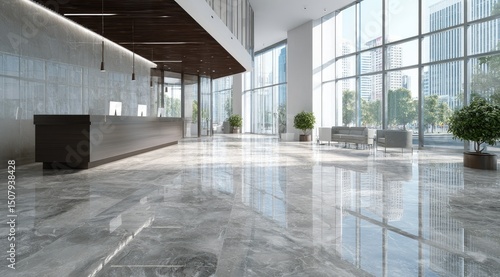 Fototapeta Naklejka Na Ścianę i Meble -  Modern, bright lobby with a sleek reception desk, marble floors, large windows showcasing a city view, and potted plants adding a touch of nature