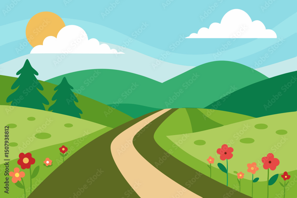 Fototapeta premium Vector illustration of peaceful countryside road with blooming wildflowers and rolling green hills