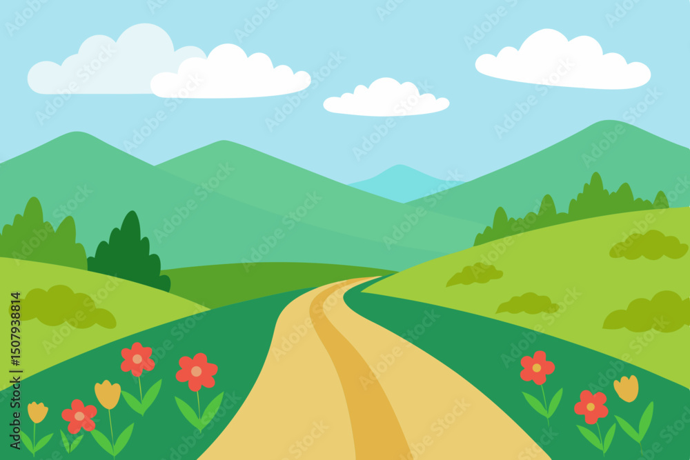 Fototapeta premium Vector illustration of peaceful countryside road with blooming wildflowers and rolling green hills