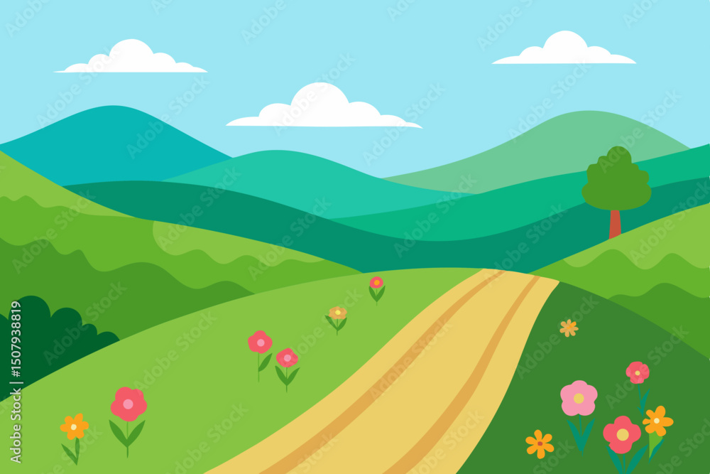 Fototapeta premium Vector illustration of peaceful countryside road with blooming wildflowers and rolling green hills