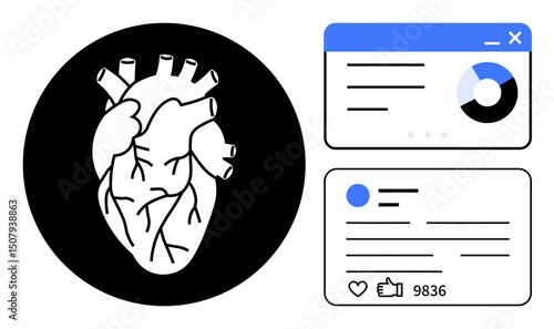 Anatomical heart beside analytics dashboard and social post with thumbs ups and engagement stats. Ideal for health, connectivity, social media, innovation, analytics, technology, simple landing page