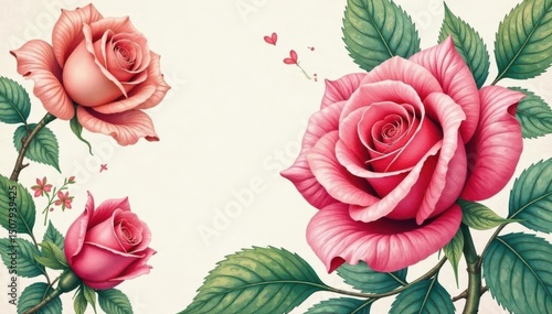 Intricate watercolor roses, lush leaves, vintage feel, roses, green