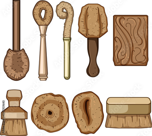 coconut fiber dish scrubber set cartoon vector illustration