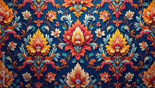 Intricate floral damask textile, repeating design, fabric, background pattern, wallpaper
