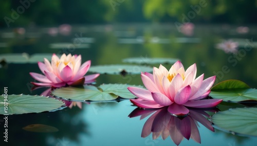 Floating lotus flowers create elegant floral pattern across serene lake, lotus, background, summer flowers