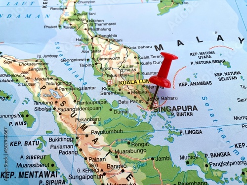 Photography View of Singapore, Country in Asia,on a geographical map of Asia, marked with re