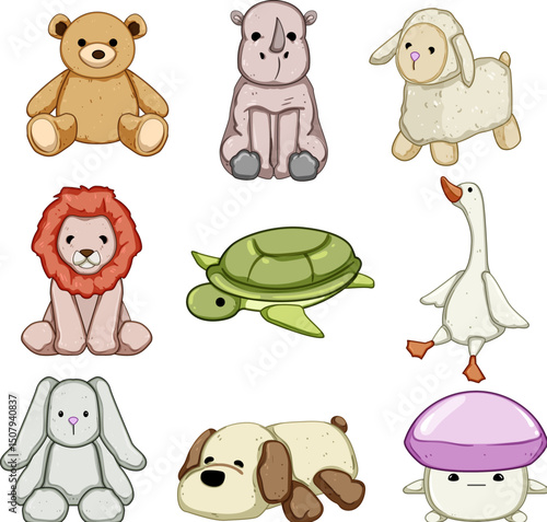 stuffed animal toy set cartoon vector illustration