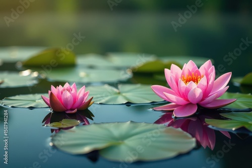 Water lilies forming a natural floral pattern on still lake , petal, botanical, environment