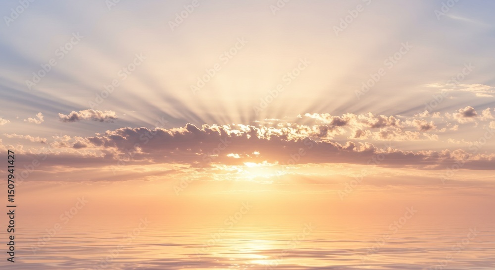 Obraz premium 輝く太陽光線と雲のある水面、希望に満ちた背景素材
