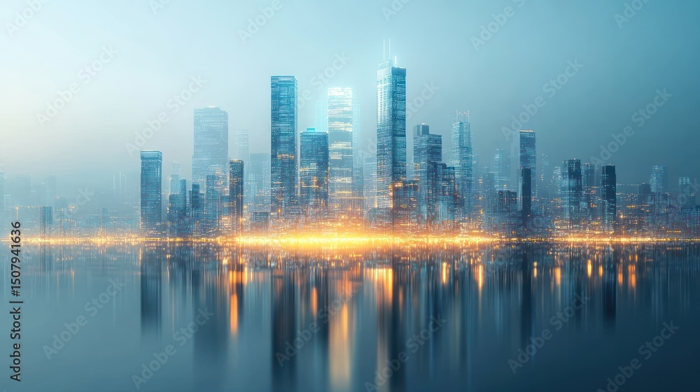 Fototapeta premium Futuristic city skyline reflected in calm water at dawn. Possible use Stock photo for architectural, design, or technology