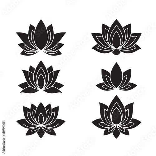 Elegant black and white lotus flower silhouettes in various floral design styles