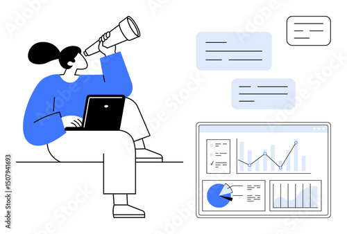 Woman with laptop exploring analytics using telescope, speech bubbles, and data charts. Ideal for analytics, strategy, research, innovation, growth, technology simple landing page