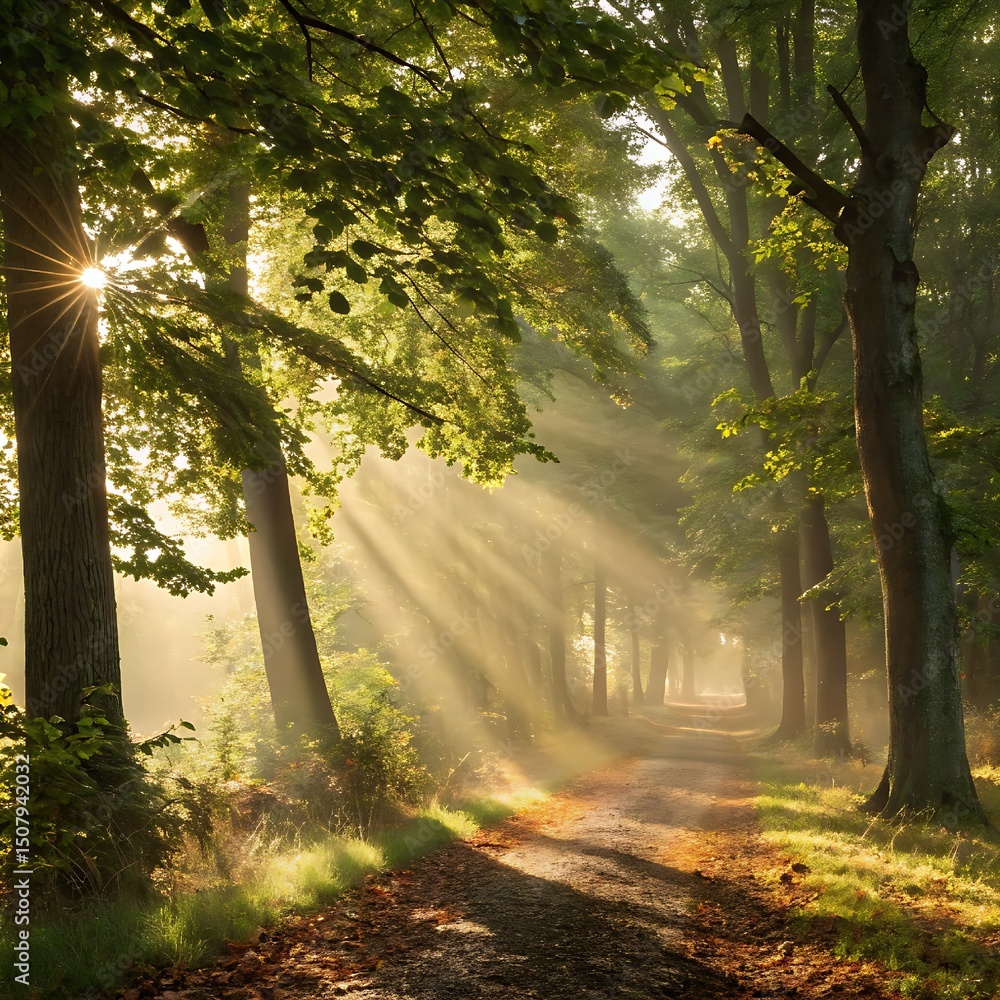 Obraz premium Sunlight streams through the dense foliage of a peaceful forest, casting a warm glow on a meandering trail.