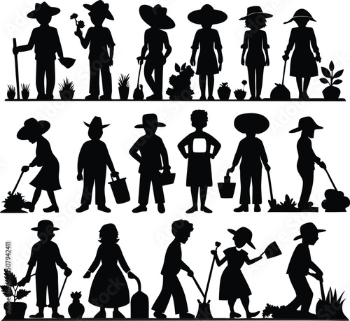 Silhouette Gardeners Vector Art: Black & White Illustration of People Gardening with Hats, Plants, Tools - Gardening Clipart & Graphics