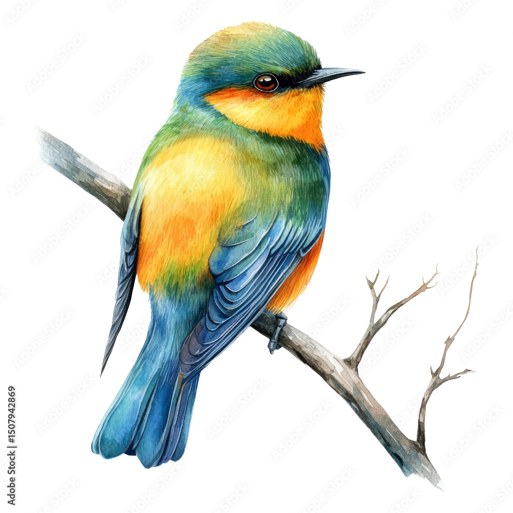 Obraz premium Vibrant Bird on Branch with Colorful Feathers and Transparent Background