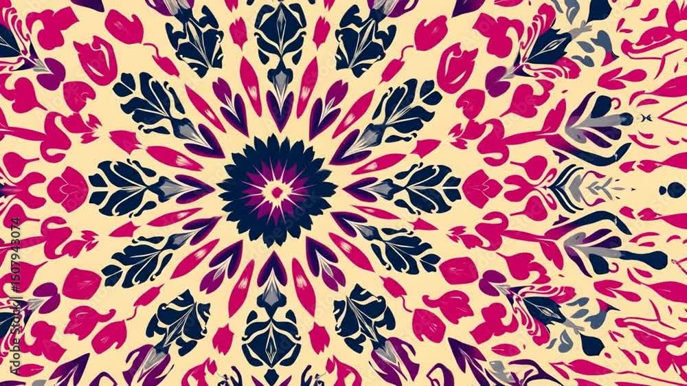Intricate Kaleidoscope Pattern Featuring Floral And Leaf Motifs In Deep Blue Pink And Cream Tones Intricate Kaleidoscope Pattern Featuring Floral And Leaf Motifs In Deep Blue Pink And Cream Tones
