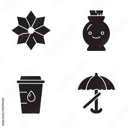 Collection of simple vector icons including a flower perfume bottle coffee cup and umbrella