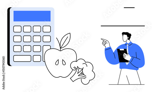 Nutritionist presenting dietary advice beside calculator and healthy foods thumbs up apple and broccoli. Ideal for nutrition, diet planning, healthy living, education, health apps, wellness programs