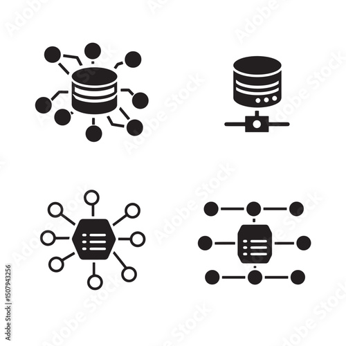 Set of silhouette data network icons illustrating database connections and information flow concepts