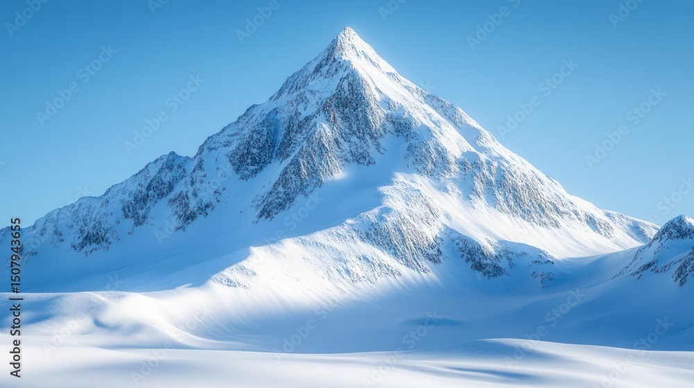 Majestic snow-capped mountain peak, clear sky background, stunning winter landscape, perfect for nature, travel, or advertising Majestic snow-capped mountain peak, clear sky background, stunning winter landscape, perfect for nature, travel, or advertising