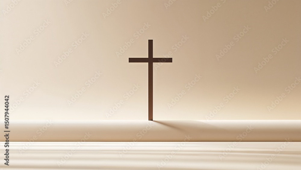 Naklejka premium Casting long angled shadow, simple Latin cross standing on platform in chapel-like interior