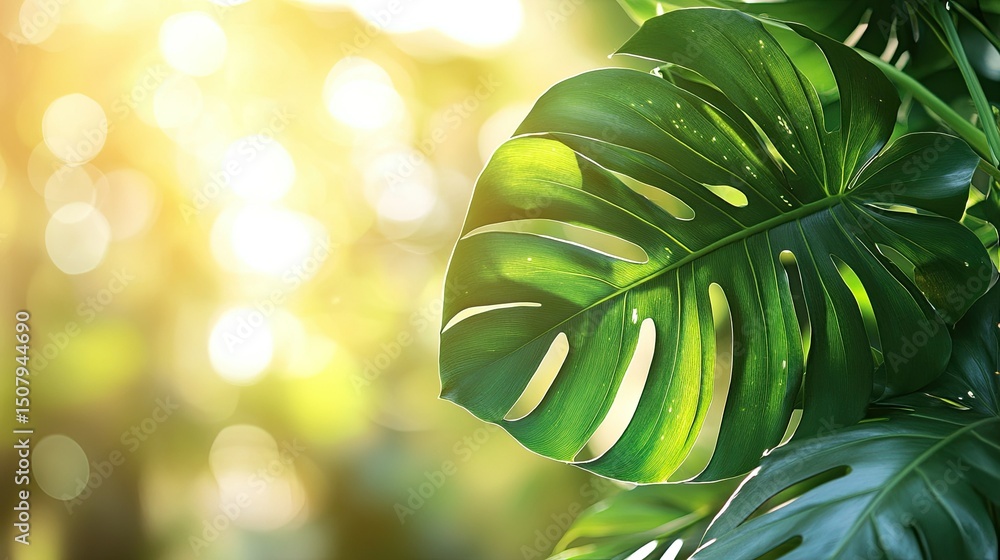 Obraz premium Sunlit monstera leaf with intricate details highlighted against a blurred background, representing tropical beauty.