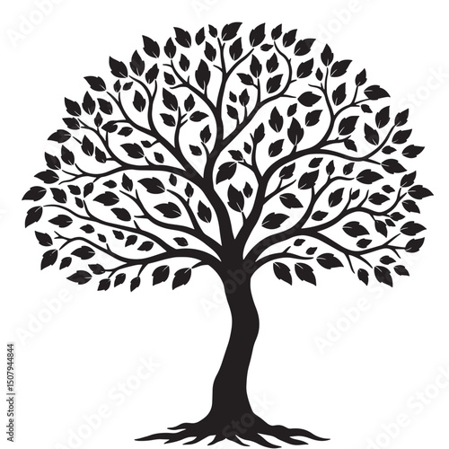 Elegant black silhouette of a lush leafy tree against a white background