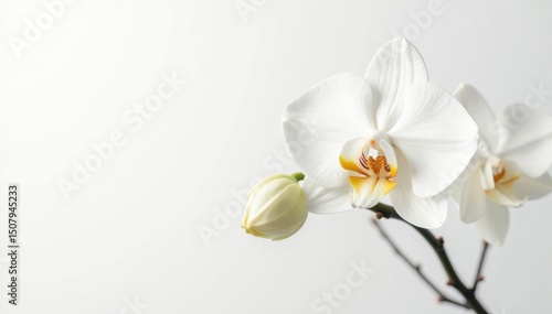 Delicate white orchid blossom on pure white backdrop, bloom, background