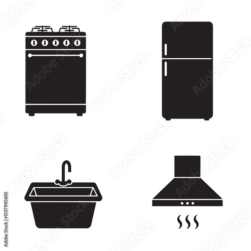 Kitchen appliances silhouette illustrations including stove refrigerator sink and range hood