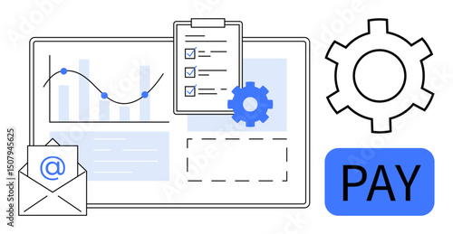 Graph with rising chart, task checklist on clipboard, envelopes, gear, and pay button. Ideal for workflow, analytics, finance, email automation technology simple landing page