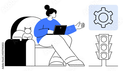 Woman gesturing while using laptop, cat sitting nearby, traffic light and gear icon. Ideal for technology, settings, analysis, communication, workflow optimization, guidance simple landing page