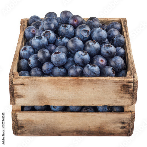 Wooden crate of fresh blueberries isolated on transparent background