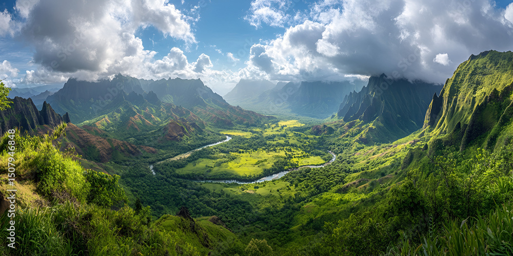 Fototapeta premium Lush Green Valley with Mountains and River Under Blue Sky