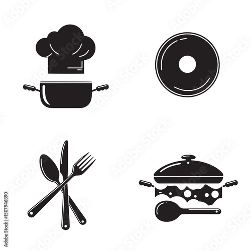 Black and white silhouette illustrations of kitchen tools and cooking utensils for culinary design