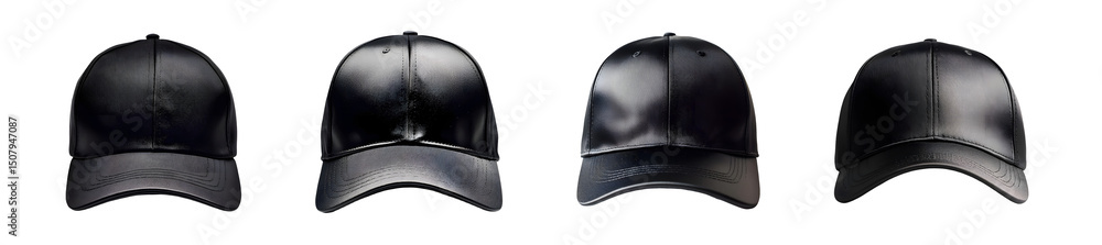 Fototapeta premium set of black baseball caps displayed against a white background.