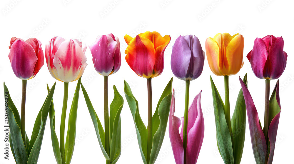 Naklejka premium Seven different color tulip flower isolate on transparency background